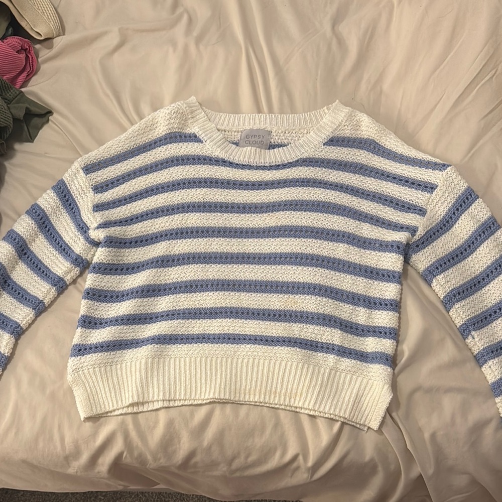Divided Blue and White Crew Neck Striped Sweater